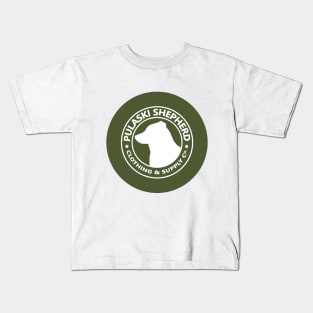 Pulaski Shepherd Clothing & Supply Co. in White on Olive Kids T-Shirt